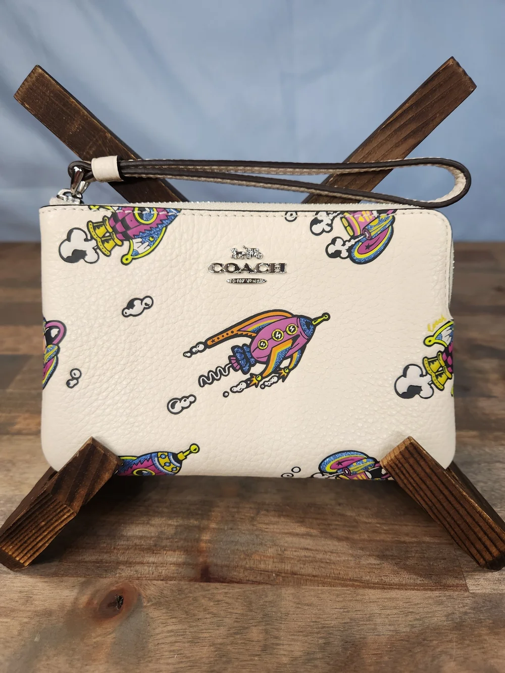 Coach Cosmic Corner Zip Wristlet With Rocket Print